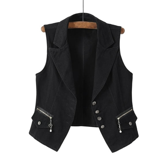 Zedker Women's Lapel Denim Vest Button Jacket Sleeveless Jean Waistcoat Black Plus L
