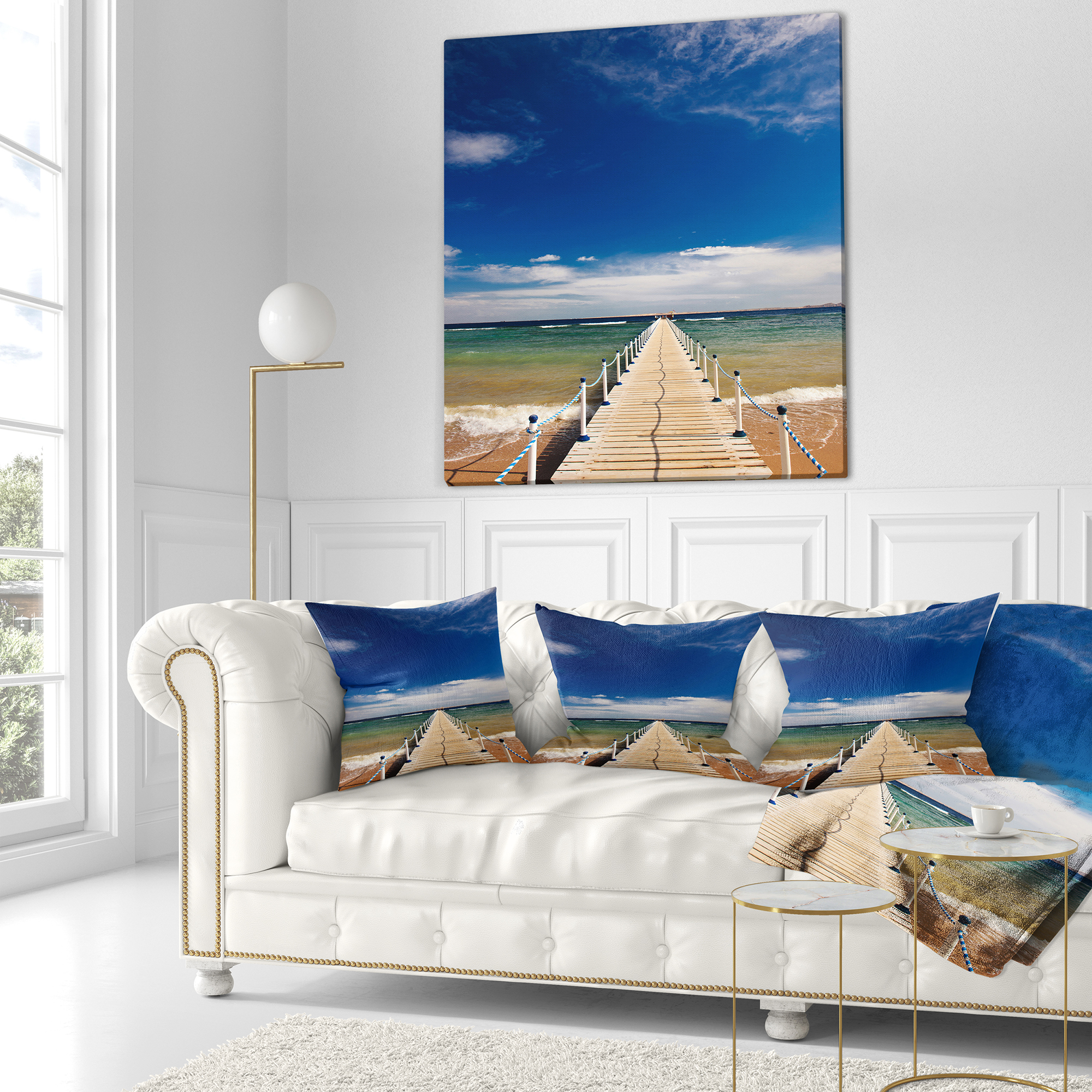 Designart Long Pontoon in Sea - Photographic Throw Pillow - 16x16