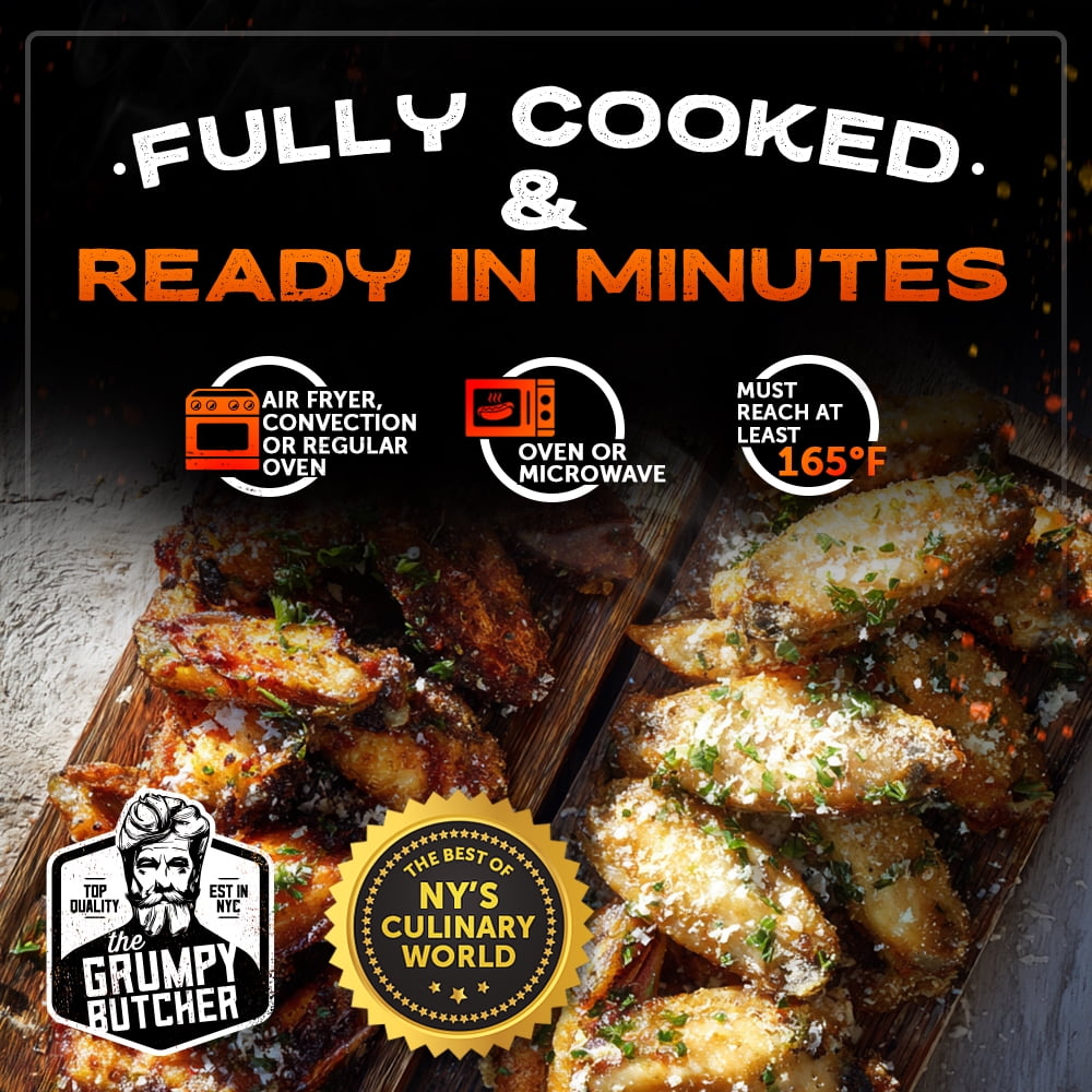 Grumpy Butcher Heritage Chicken Wings, 2 Flavors Garlic Parmesan and Smoky Salt & Pepper, Fully Cooked & Microwaveable, 2 Pack (20 oz each)