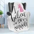 thumbnail image 4 of Saying Soft Flannel Fleece Blanket, Calligraphic I Beleive in Miracles Lettering and a Unicorn Silhouette, Cozy Plush for Indoor and Outdoor Use, 50" x 70", Pink Charcoal Grey White, by Ambesonne, 4 of 5