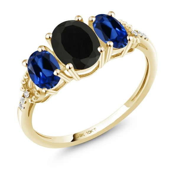 Gem Stone King 10K Yellow Gold 3-Stone Diamond Engagement Ring Oval Black Onyx Blue Created Sapphire (1.92 Ct) (Size 5)