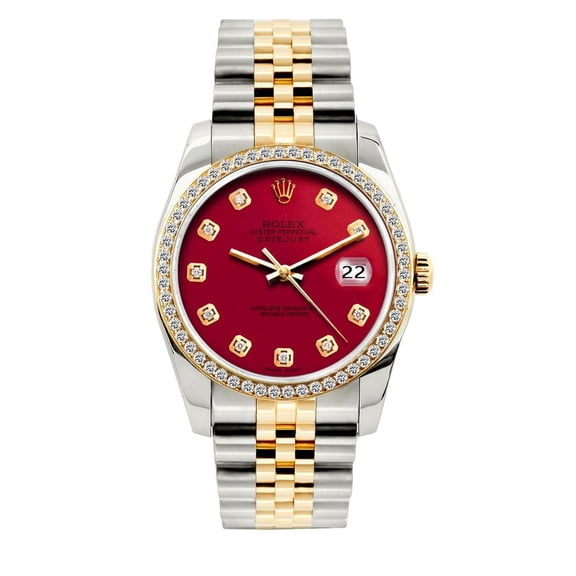 Pre-Owned Rolex Datejust 36MM 16233 Red Diamond Dial Diamond Bezel Two Tone Yellow Gold Jubilee Bracelet 1.2ct