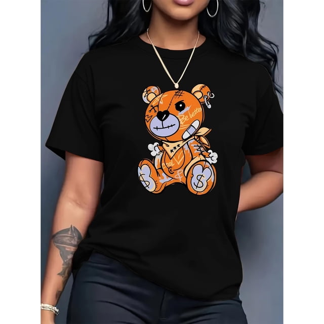 Cute And Playful Bear Print Casual Fashion Top for Black Women, Featuring a Round Neck And Short Sleeves.