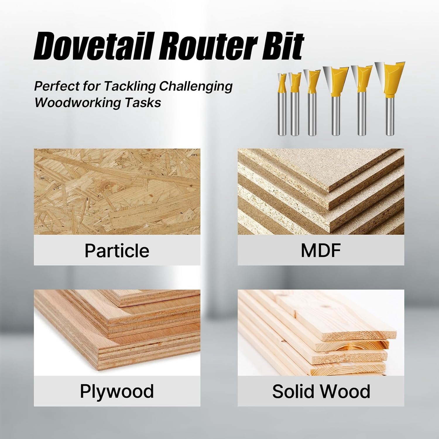 ABPETE 6PCS Dovetail Router Bit Set 1/4 Inch Shank, 1/4" 3/8" 1/2" 5/8" 3/4" 7/8'' Dia Carbide Router Bits for Woodworking, Wood Milling Cutter Tool for Making Boxes Drawers Chests, Fine Casework