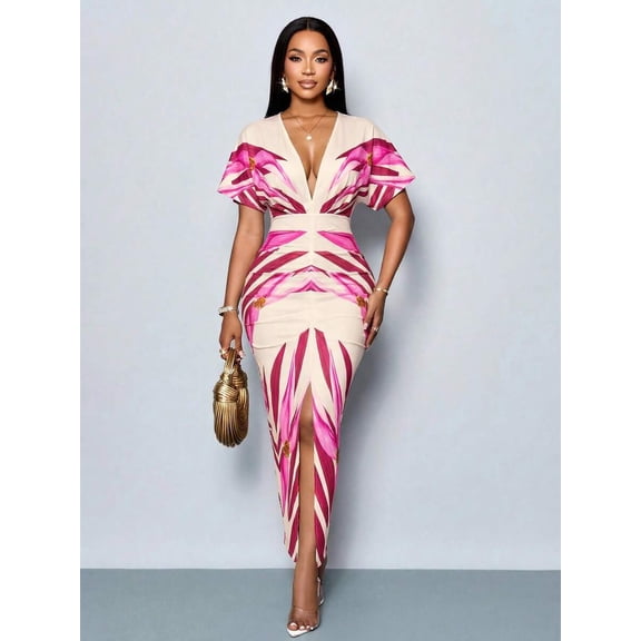 Womens Pink Floral Print Deep V-Neck Ruched Bodycon Maxi Dress