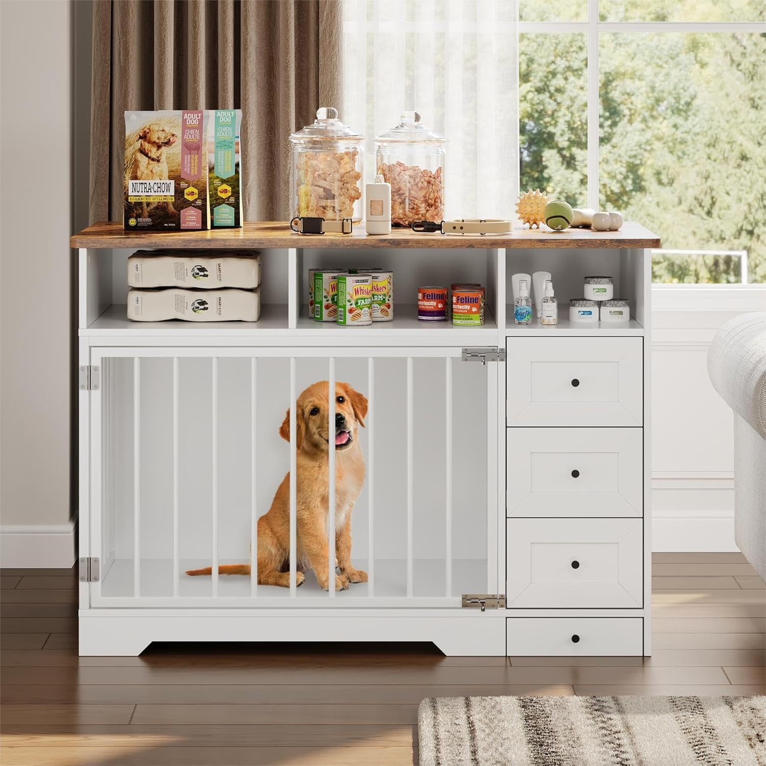 Homhougo 48 Inch Dog Crate Furniture, Farmhouse Dog Kennel with Bowl & Drawers, Heavy Duty Pet Crate Table for Medium Small Dogs for Living Room, Entryway Storage, White