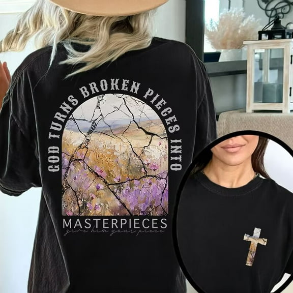 Stylish "God Turns Broken Into Masterpieces" Religious - Inspired Tops for Women Charming Graphic Tees Featuring Mosaic, Floral & Biblical Text Design Fashionable Short Sleeve Casual Tops
