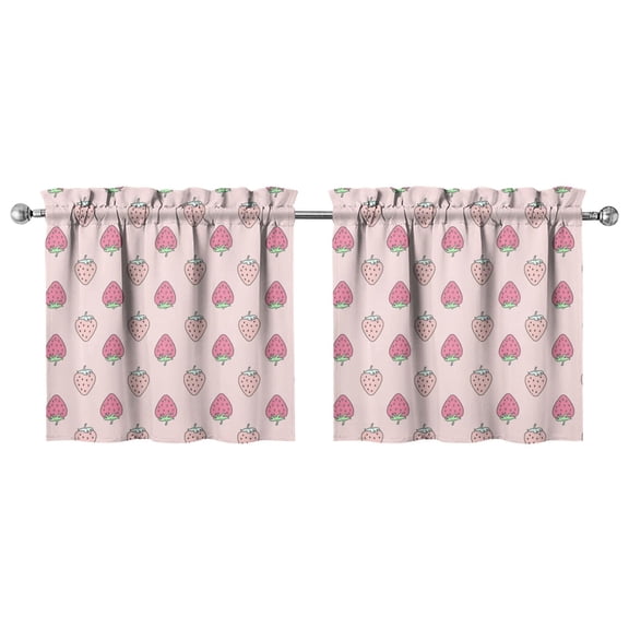 Sweet Strawberry Cake Inspired Kitchen Curtains - 2 Pack Cute Kawaii Red & Pink Tier Curtains, 27.5x24 Inch, Farmhouse Style Rod Pocket Window Panels