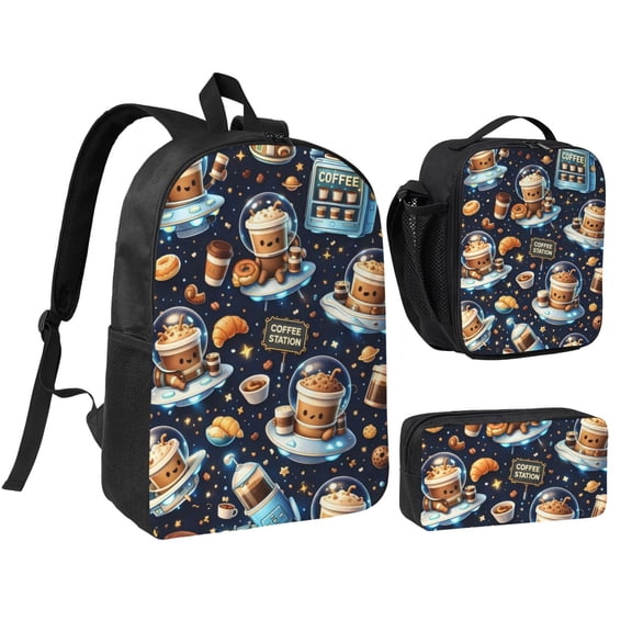 Cute Cartoon Coffee Space Backpack Set 3pc Including Backpack, Lunch Bag and Pen Bag Combination
