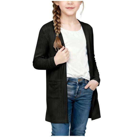 AINIYS Kids' Open-Front Rib-Knit Cardigan with Pocketed Lightweight Casual Coat for Spring Fall Daily Wear Black 5 Years