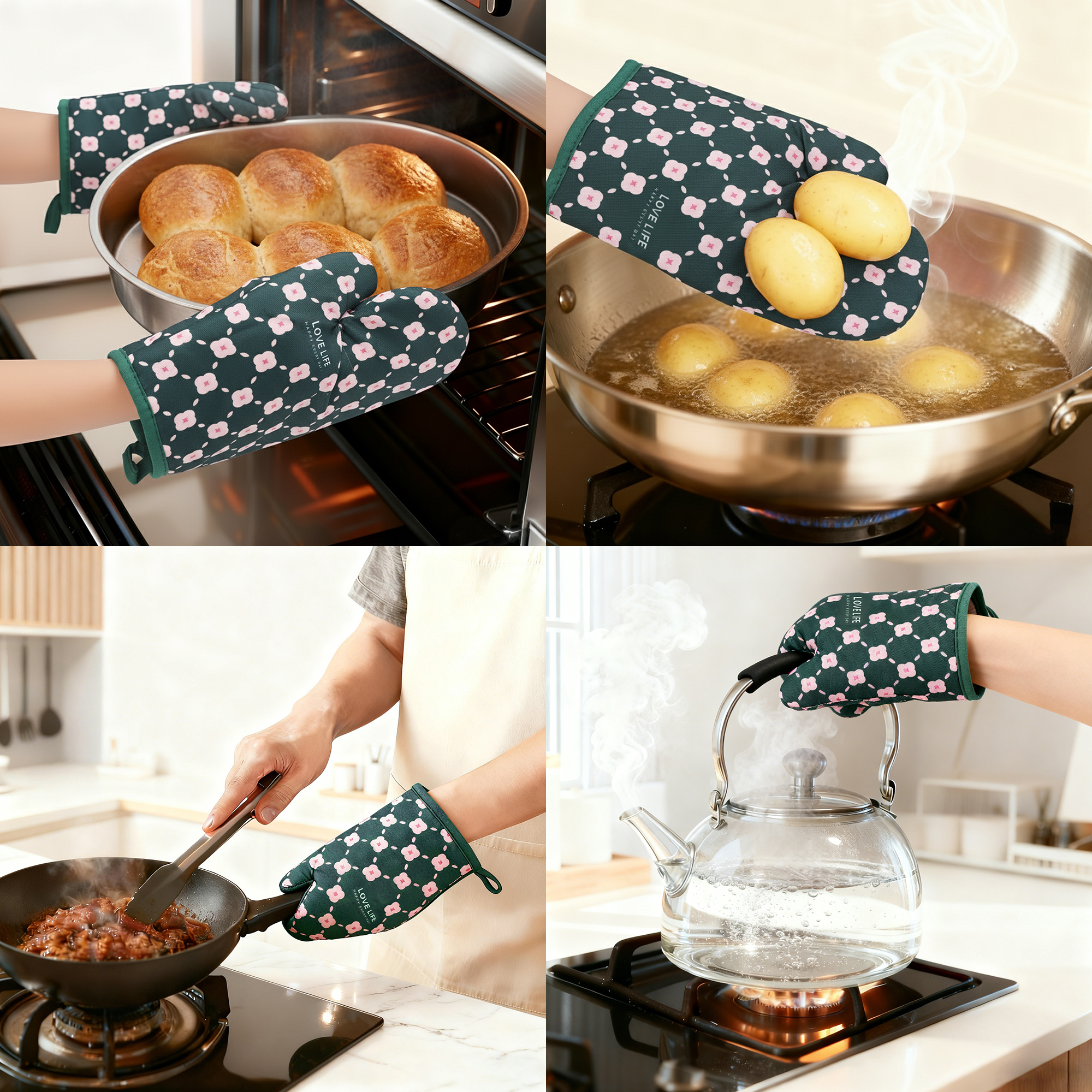 Unique Bargains Soft Floral Heat-Resistant Oven Mitts Cooking Gloves Dark Green