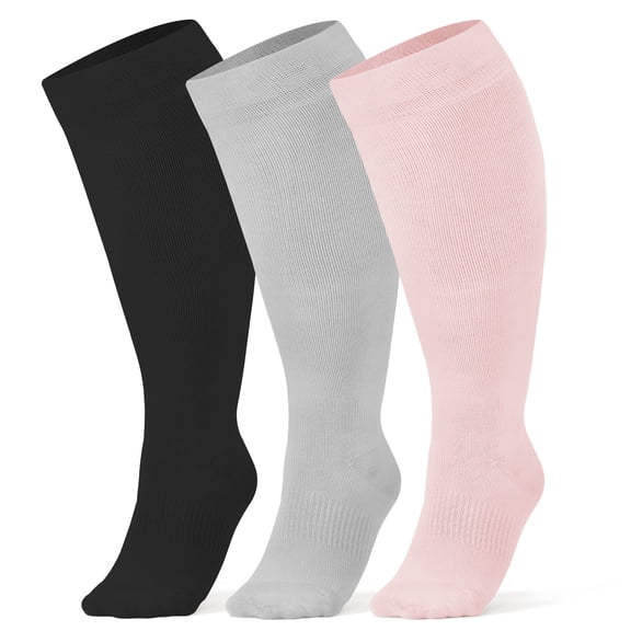 Hipuroga Bamboo Viscose Plus Size Compression Socks for Women Men Wide Calf 10-14 mmHg Circulation Knee High Support Stockings blackgreypink XL/2XL