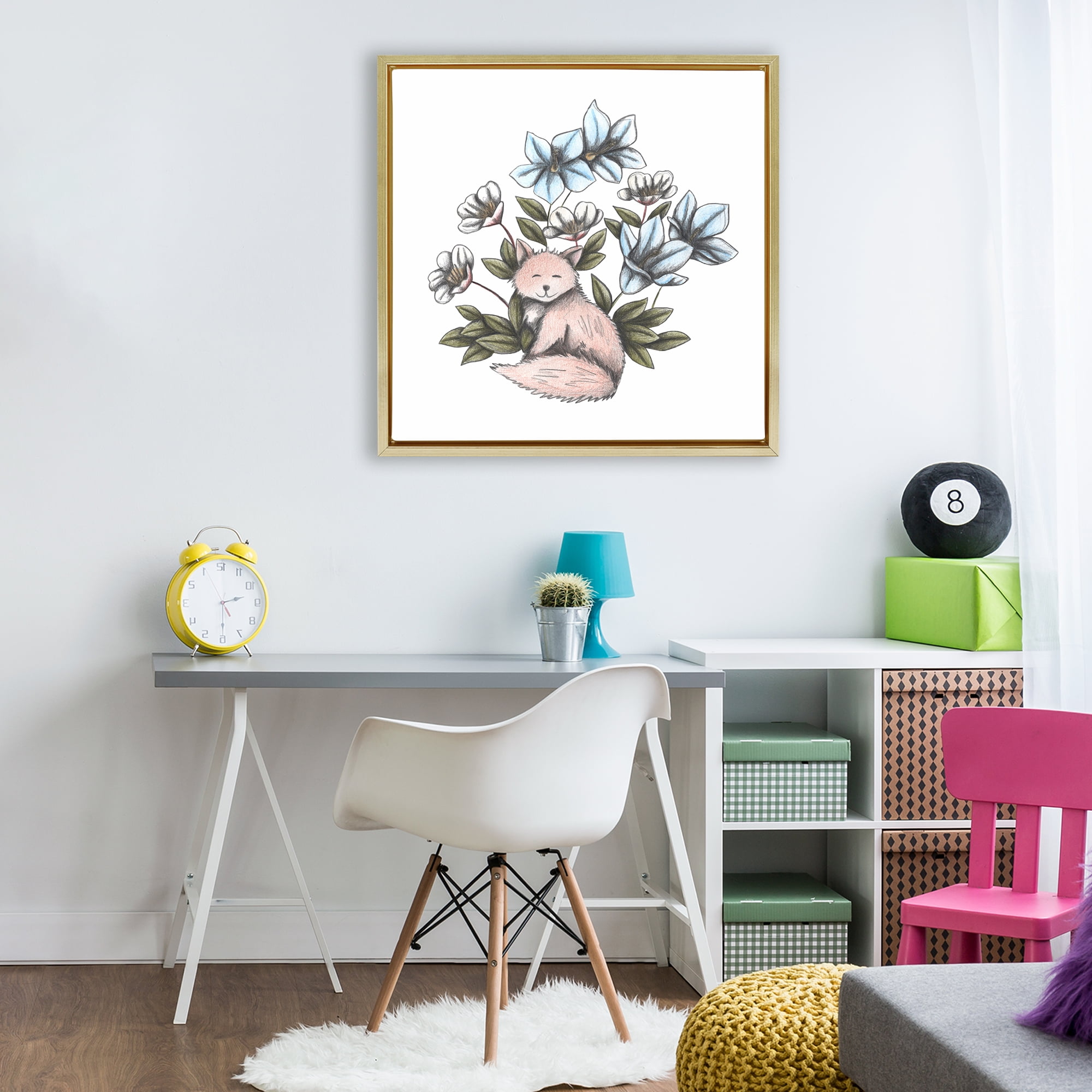 Gentle Fox with Flowers Gold Framed Floater Canvas Wall Art, design by Cecilia Battaini