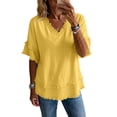 thumbnail image 6 of Nestiefly Womens Linen Tops Summer Casual Short Sleeve V Neck Shirts Fringe Retro Cotton Linen Blouses Raw Hem Beach Clothes 2026 Yellow 2XL, 6 of 6
