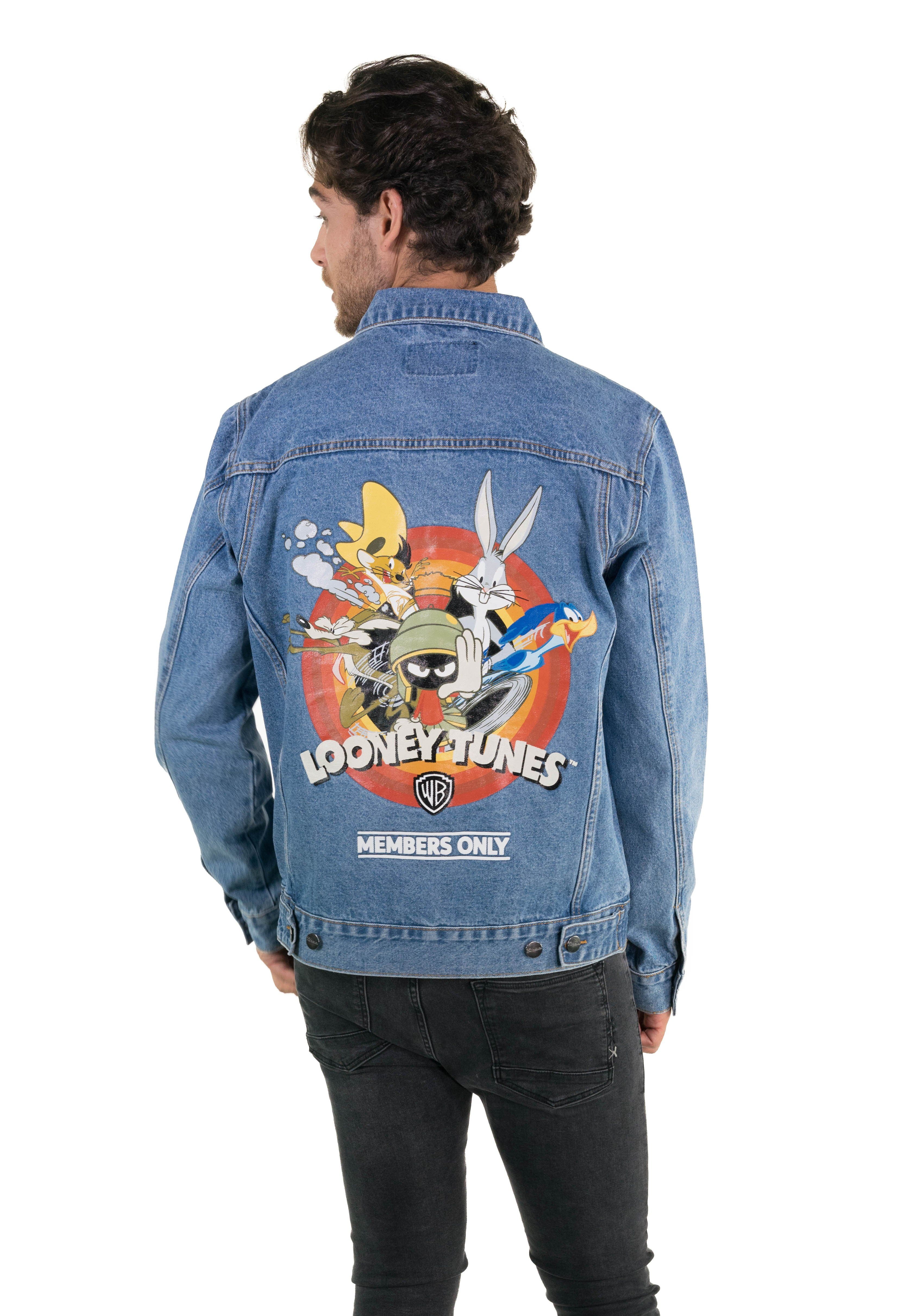 Members Only Men s Looney Tunes Denim Trucker Jacket Black XL Walmart