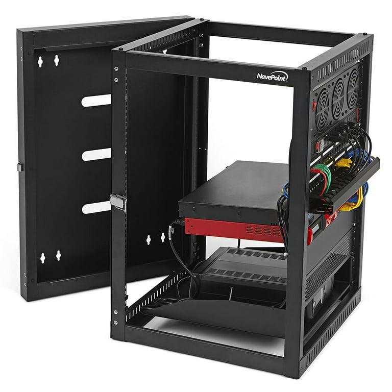 NavePoint 15U Hinged Open Frame Wall Mounted Network Rack 4 Post 24" Deep Easy Access To Devices And Cable Management, Holds Network Servers And AV Equipment