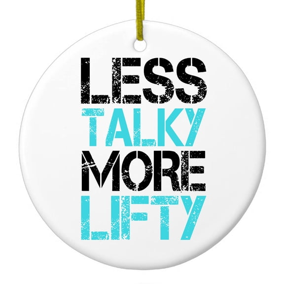 DistinctInk Hanging Ceramic Christmass Tree Ornament with Gold String - Great Gift / Present - 2 3/4 inch diameter - Less Talky More Lifty