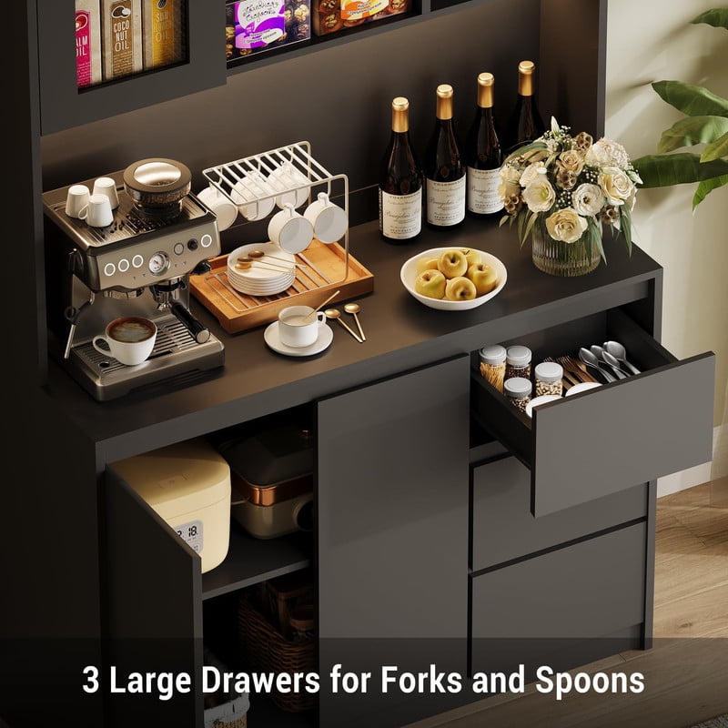 TROPOW Pantry Cabinet with Adjustable Shelf, Food Pantry with 4 Doors & 3 Drawers, Kitchen Pantry Cabinet with Built-in Power Hub for Dining Room