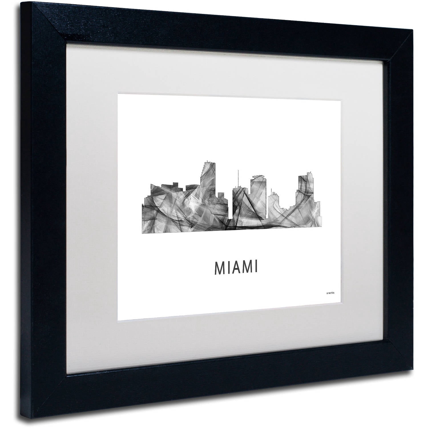 Trademark Fine Art 'Miami Florida Skyline WB-BW' Canvas Art by Marlene Watson, White Matte, Black Frame