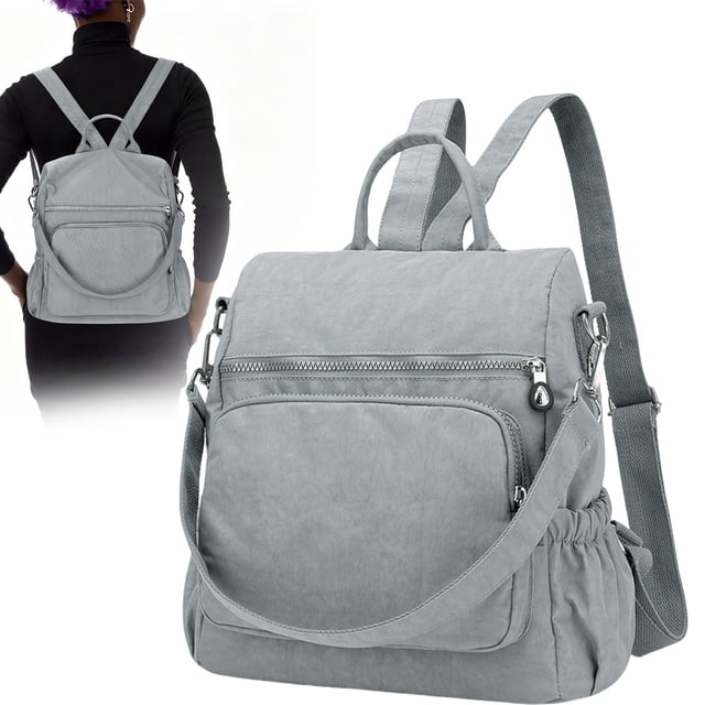Anti-Theft Convertible Backpack for Women Men, Waterproof Nylon Shoulder Bag Handbag with Multi Pockets(Gray)