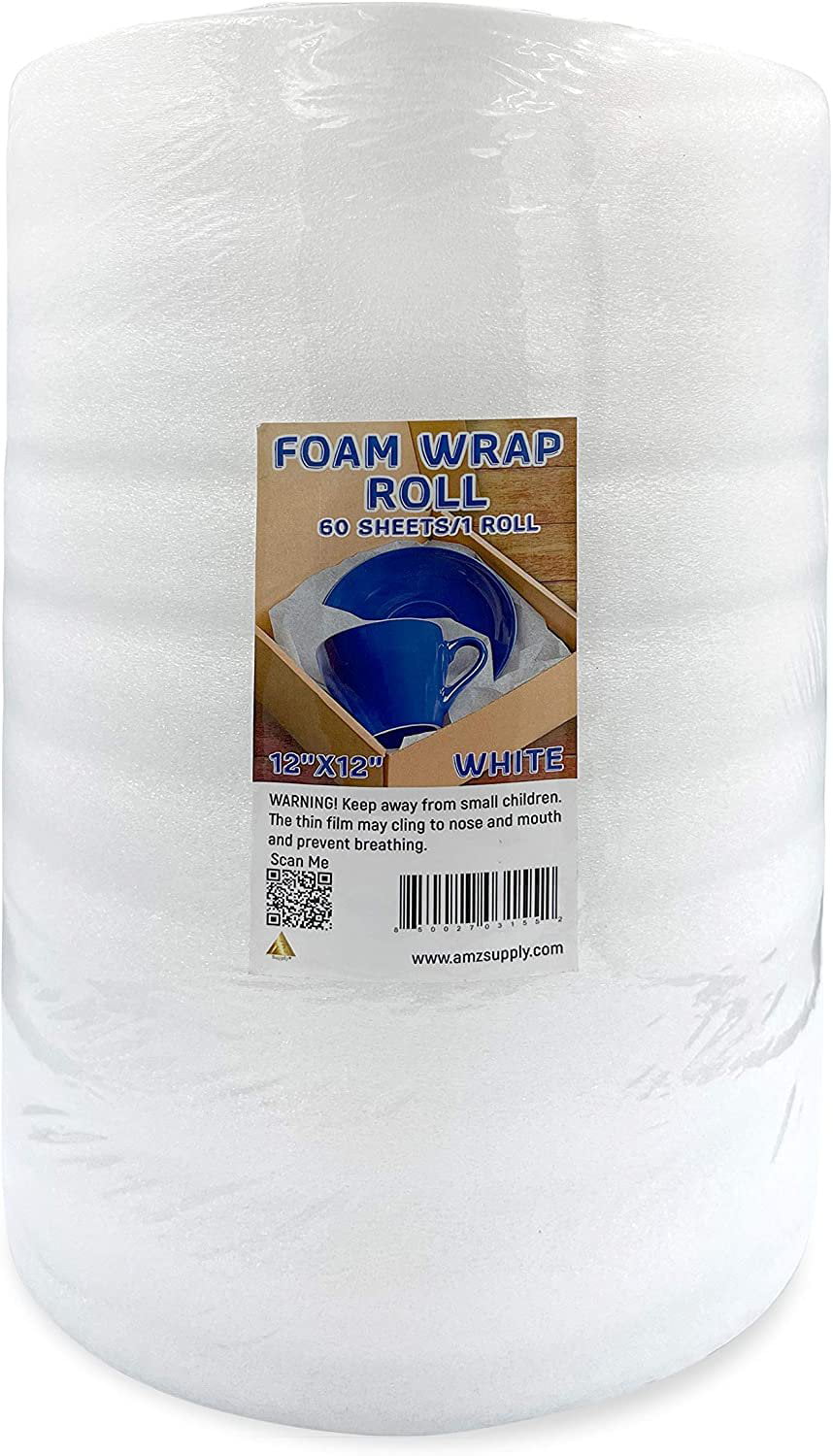  APQ White Foam Wrap Roll for Packing 1 Roll of 12 Inch x 60  Feet. 360 Pack of 12 x 12 Inch Polyethylene Foam Sheets for Packing.  Reusable Packing Foam Roll.