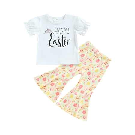 

Xkwyshop Easter Toddler Kids Baby Girls Outfits Short Sleeve T-Shirt Rabbit Eggs Print Flare Pants 2Pcs Suit White 18-24 Months