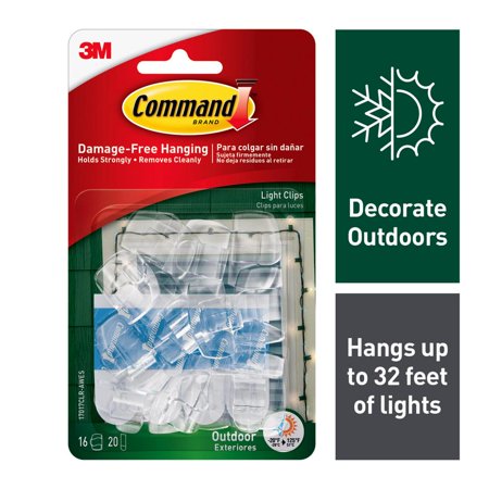 Command 16 Clips 20 Strips Outdoor Light Clips with Foam, All-Weather Strips Decorative Hooks, Clear