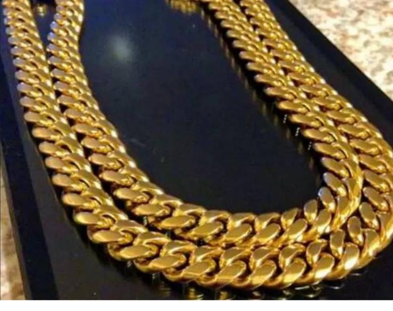 Solid 14k Yellow Gold Finish Stainless Steel 18.5mm Thick Miami Cuban Link Chain 30 Long Bling Bling NY 2 Chains 
