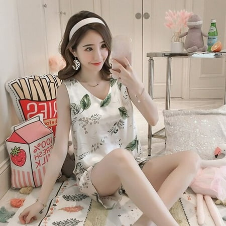 

DanceeMangoo 2pcs Women Sleepwear for Summer Short Ice Silk Vest Pajamas Sets Girl Print Pyjama Set Women Nightshirt Sets Sexy Home Wear