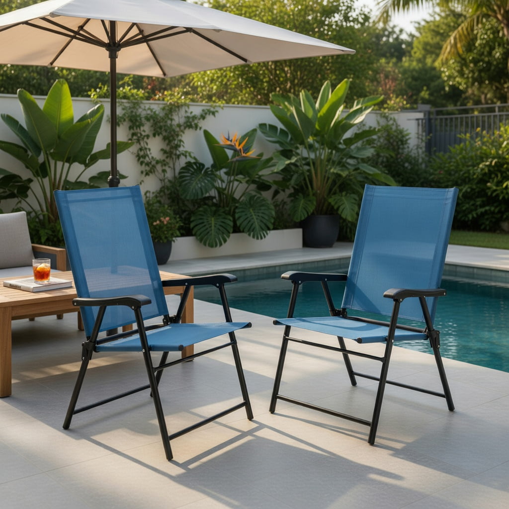 Hommoo 2-Pack Folding Patio Dining Chairs with Armrests, Metal Outdoor Chairs, No Assembly Required, Blue