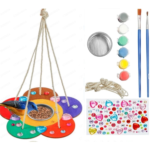 Outdoor Bird Feeder DIY Wooden Paint Kit | Flower-Shaped Tray | Arts and Crafts Painting Set | Includes Ropes, Brushes, Mini Pigments, Diamond Sticker | 6.88 Inch | Gift Box