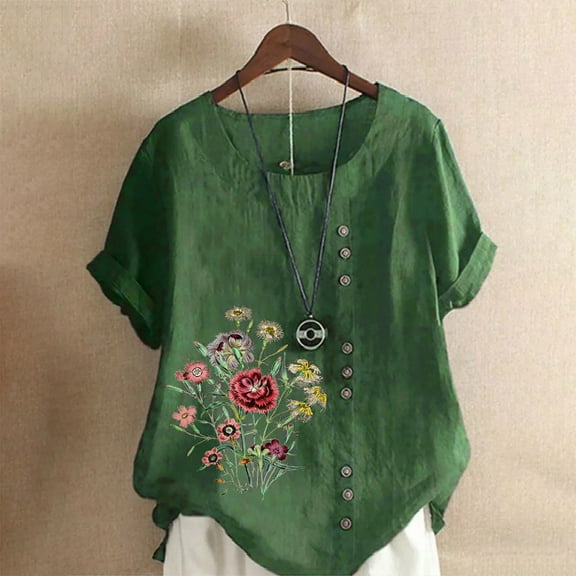 DTBPRQ Women's Linen Shirts Embroidered Blouse Cotton Linen Short Sleeve Boho Mexican Tunic Top Casual T Shirt