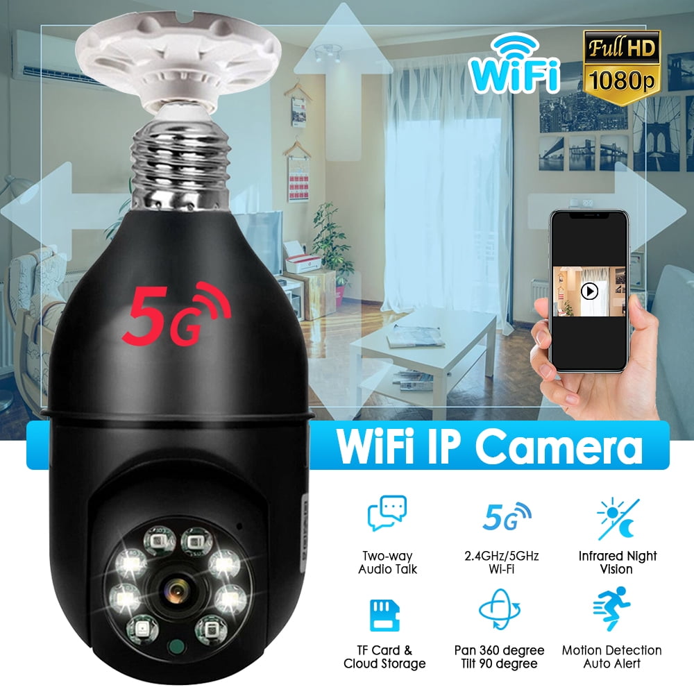 2.4GHz & 5GHz WiFi Smart Home Security Camera, 360°PTZ 1080P IP Camera Light Bulb Camera, Auto Tracking Full Color Night Vision Wireless Baby Monitor, Black