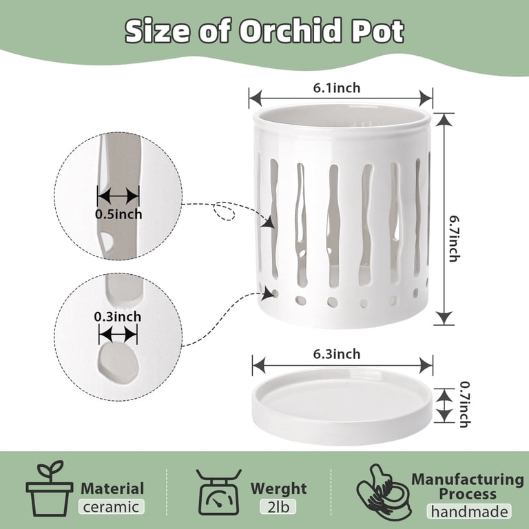Buymax 6" Ceramic Orchid Pot with Drainage Tray, White photo 6