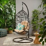 Noble House Vienna Wicker Hanging Egg Chair with Cushion and Stand - Brown