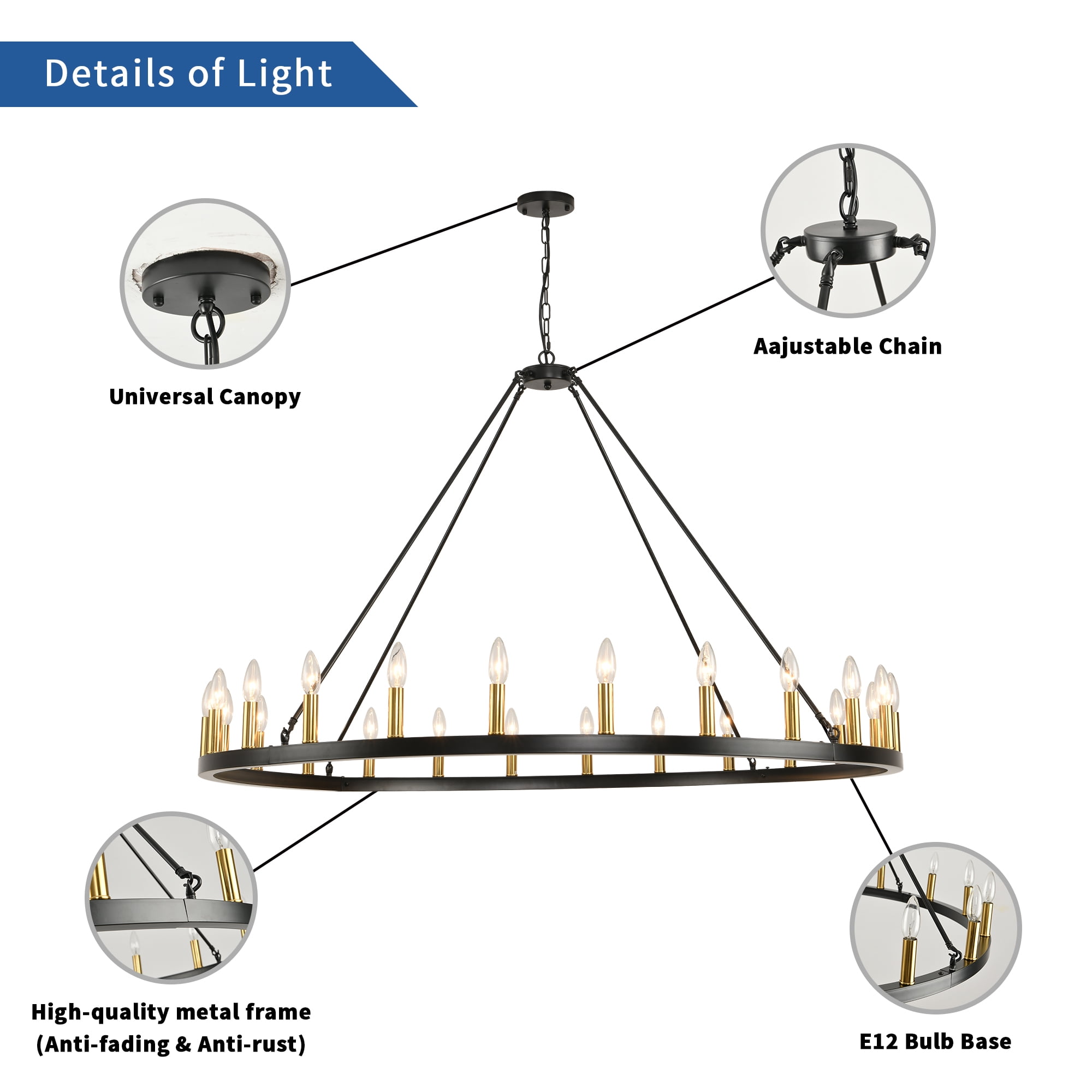 LovingAHome Black Gold Farmhouse Chandelier Metal, 54'' 24-lights Rustic Wagon Wheel Chandelier For Living Room Entryway