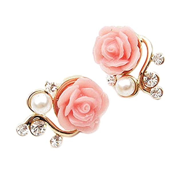 Pendiente de perla Qarigey Flor Diamantes de imitación Clip para la oreja Rosa