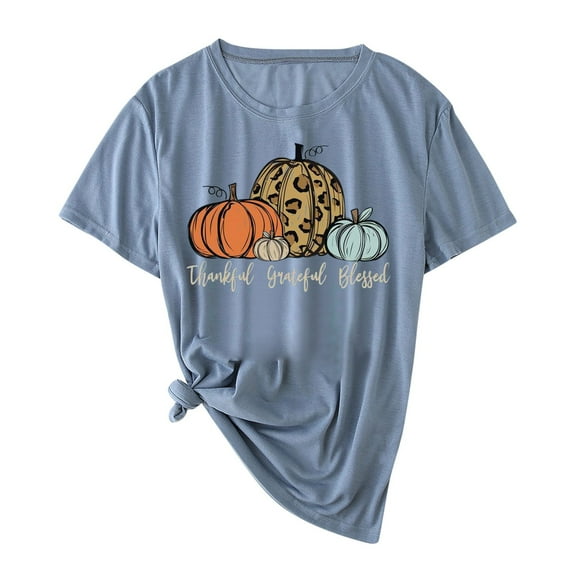 Odeerbi Thanksgiving Shirts for Women Trendy Short Sleeve Shirt 2025 Casual T-shirt Print Tee Shirt Blue