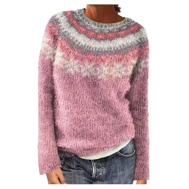 Fartey Chandail Fair Isle Vintage d'Automne pour Femmes, Décontracté, Ample, à Manches Longues, Col Ras du Cou, Tricoté, Chandail, Hauts, Automne Hiver, Chaud, Chandail, en Liquidation, Rose, P-2TG