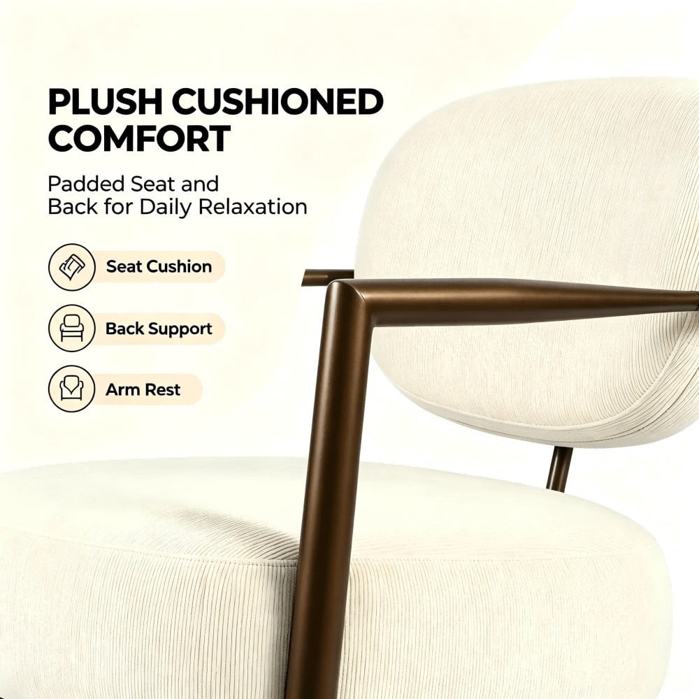 Accent Chair, Mid Century Modern Upholstered Lounge Chair with Metal Frame, Textured Fabric, Padded Seat & Back for Living Room, Bedroom & Office, White