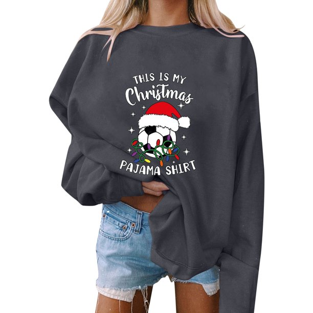 Gibobby Divertidas Sudaderas Mujer Otoño e Invierno Casual Navidad fútbol estampado pulóver sudadera manga larga Top cuello Rojoondo sudadera (Gris, L)