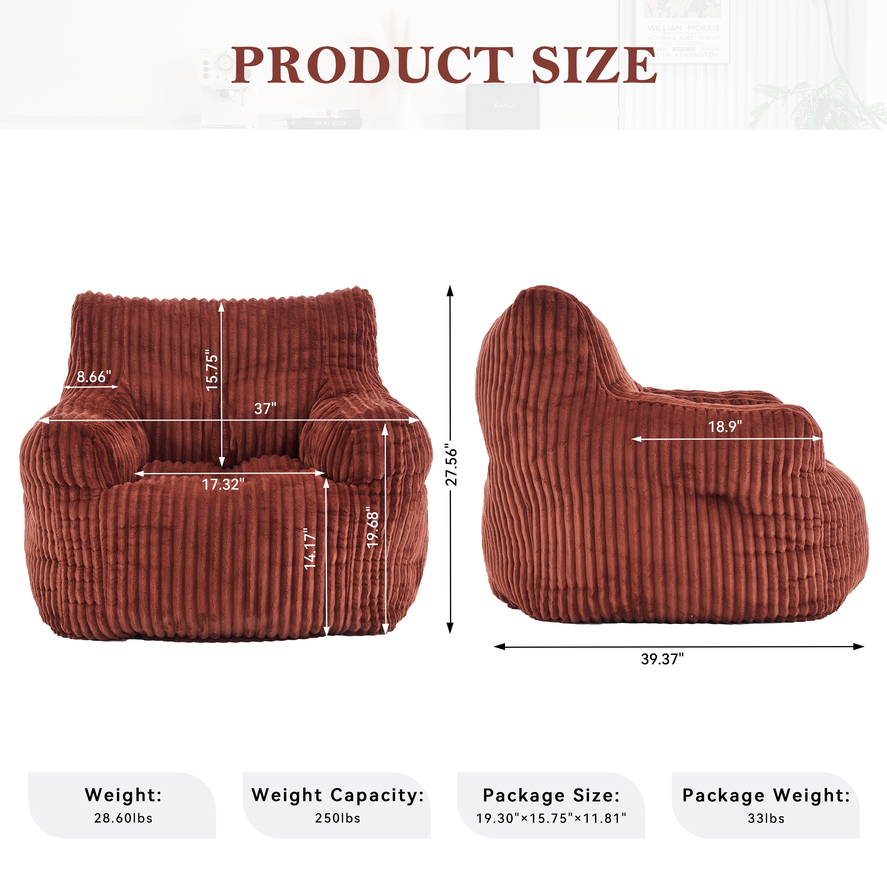 Soft Fluffy Corduroy Fabric Bean Bag Chair Filled With Memory Sponge,Red
