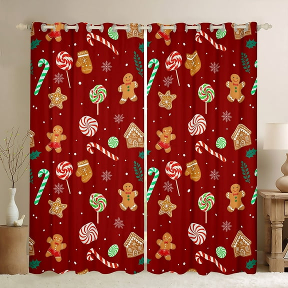 Feelyou Cartoon Snowflake Print Black Out Curtains, Cute Gingerbread Man Curtains Pack of 2 (42x63 Each), Red Christmas Theme Bedroom Curtains, Black Out Curtains Decor