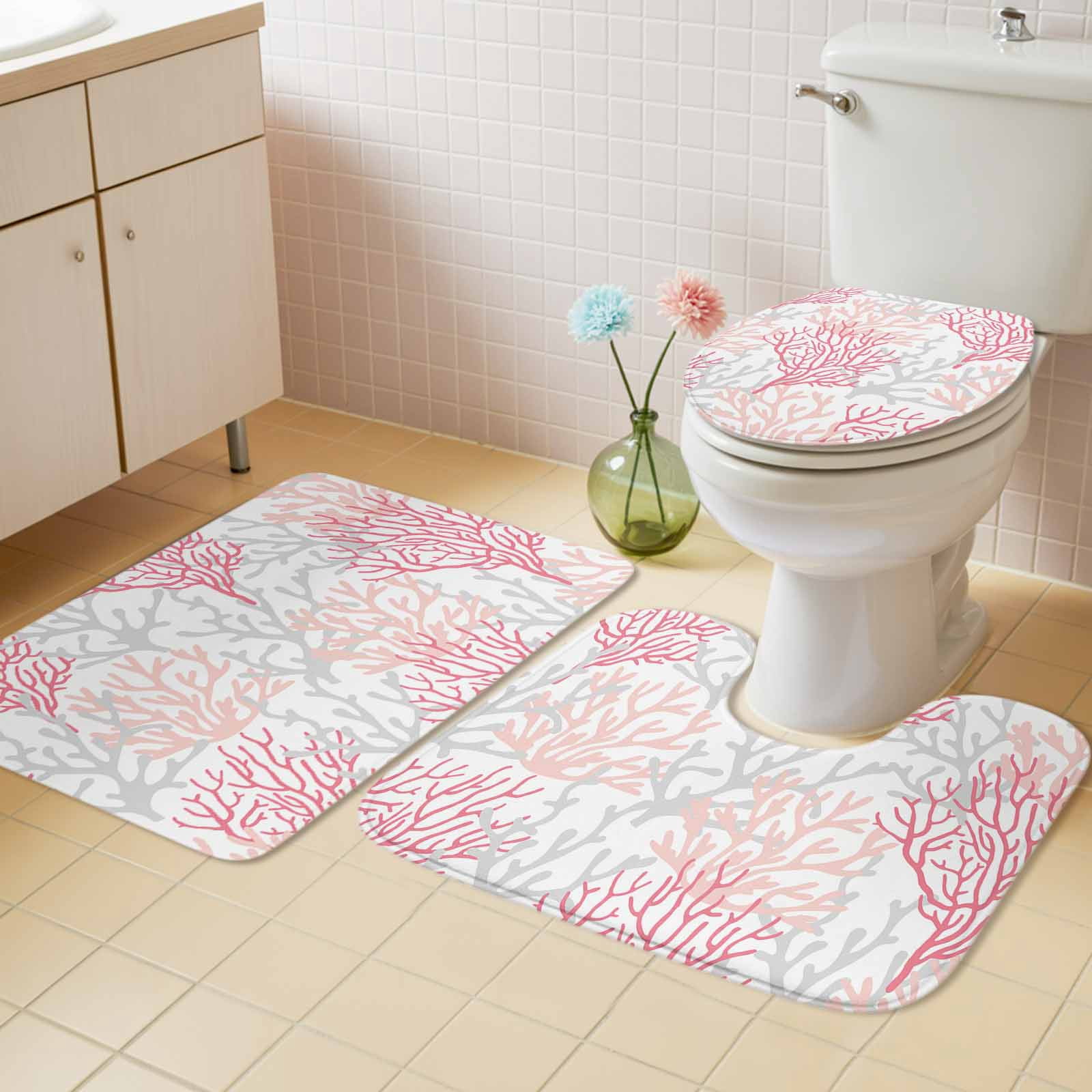 Pink Grey Coral Coastal Bath Mat 3 Piece Bathroom Rug Set, Summer Beach Seaside Nautical Non Slip Bath Rug Contour Mat and Toilet Lid Cover, Absorbent Shower Mats Soft Bath Rugs and Mats Sets