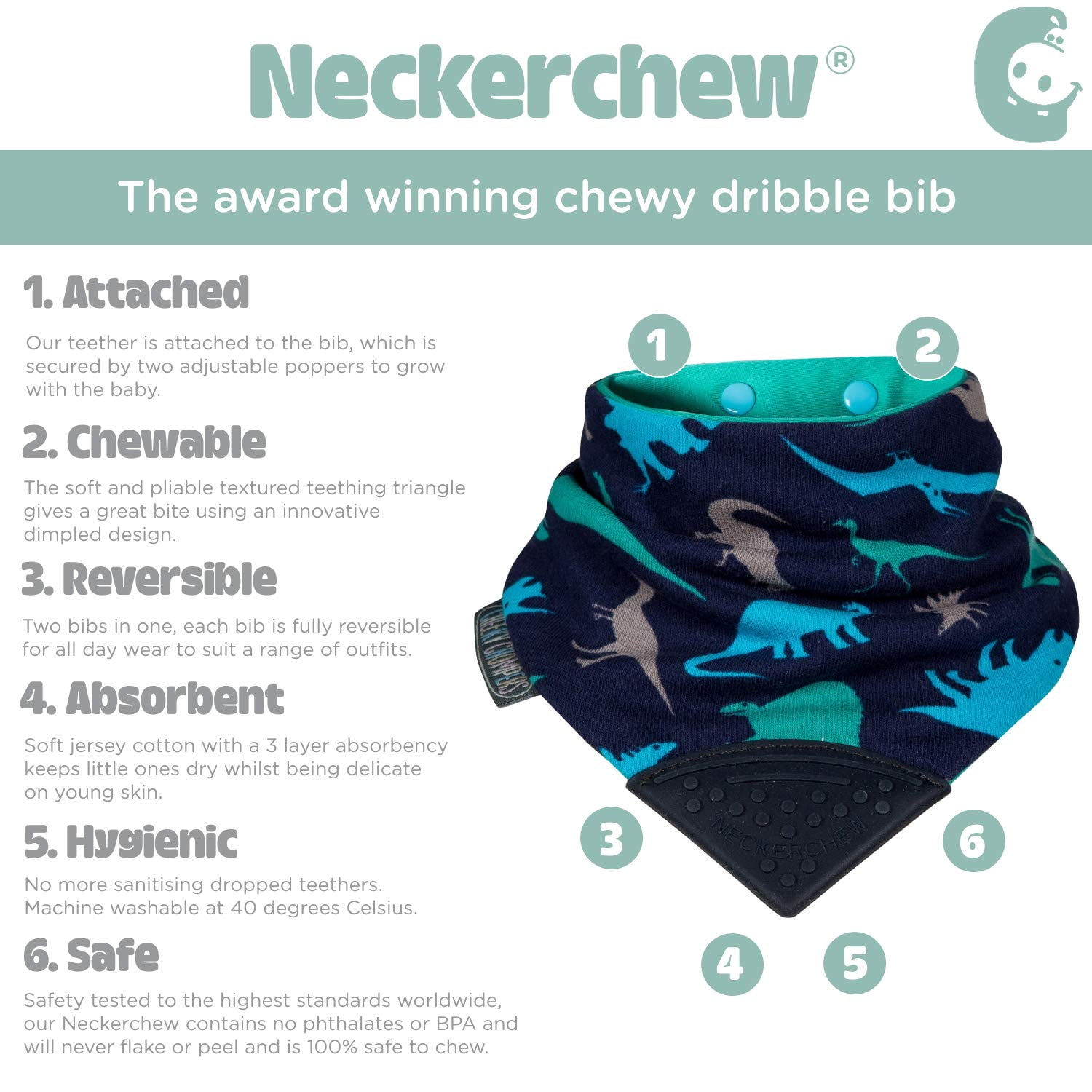 The Original Chewy Teething Bib : Super Absorbent Reversible Bandana Drool Bib for Teething Babies. Food-Grade Silicon Teethers are BPA and Phtalates-Free | Dino Friends Neckerchew by CHEEKY CHOMPERS