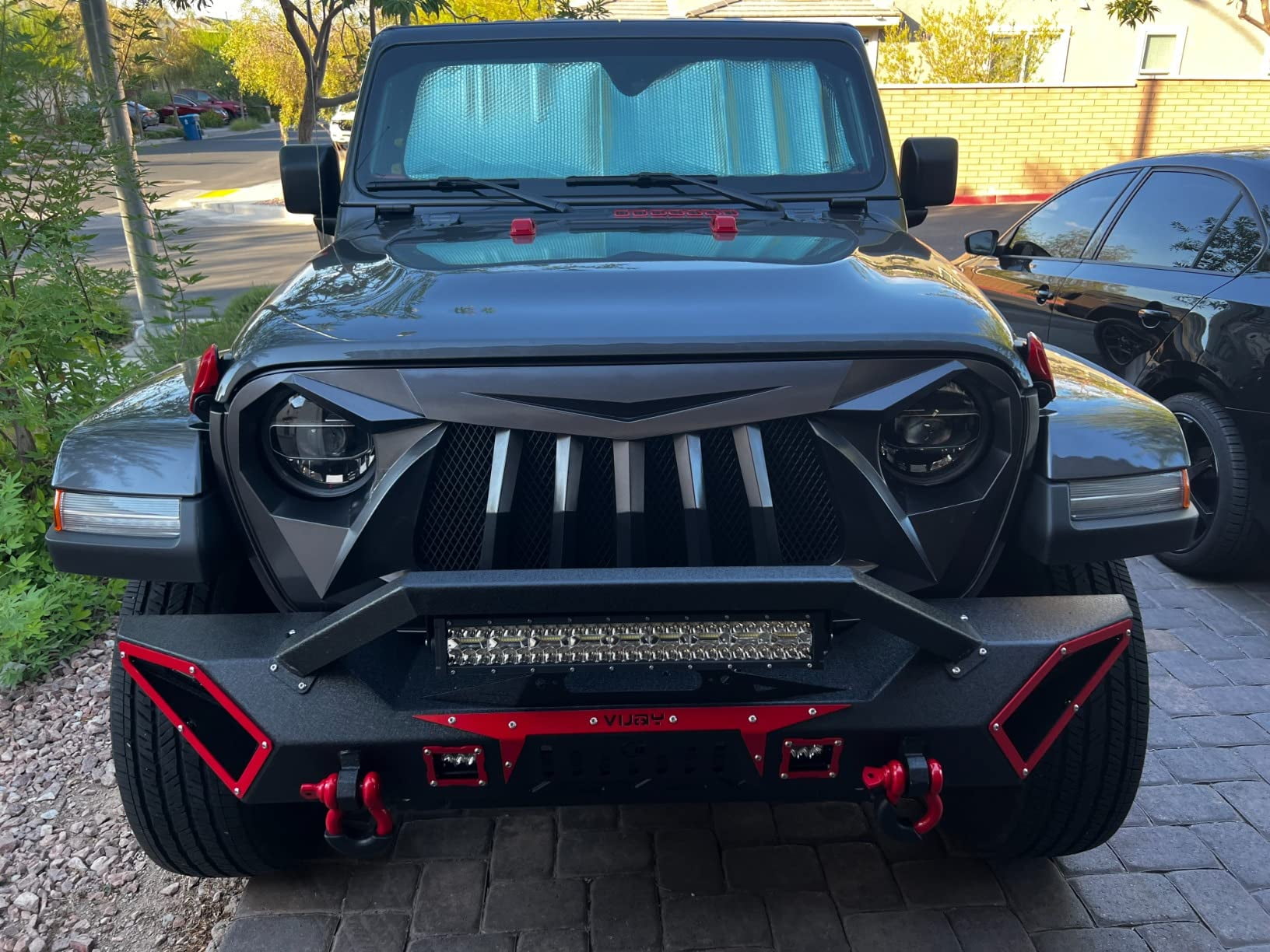 Vijay Front Bumper for 2007-2024 Jeep Wrangler JK/JL with Winch Plate and Lights and D-Rings