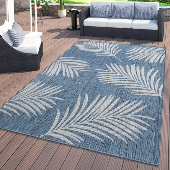 World Rug Gallery Contemporary Palm Leaves Textured Flat Weave Indoor/Outdoor Area Rug - BLUE 5' X 7'
