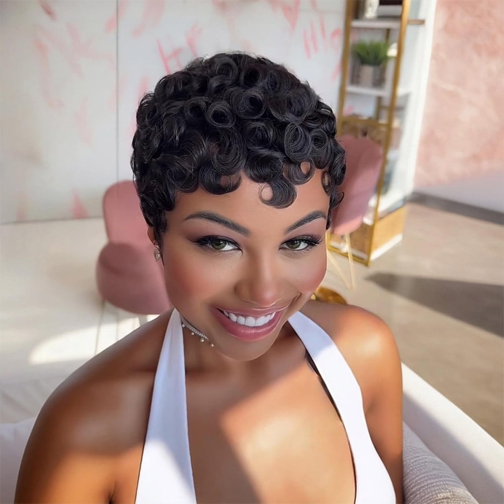 Pixie Cut Curly Wigs for Black Women Short Layered Pixie Cut Human Hair Wigs With Bangs Chic Elegant Natural Black Color No Glue Wig