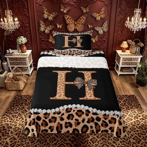 Manfei Leopard Print Letter H Bow Twin Sheet Sets, Fashion Diamond Bedding for Girls Women, 3 Pieces