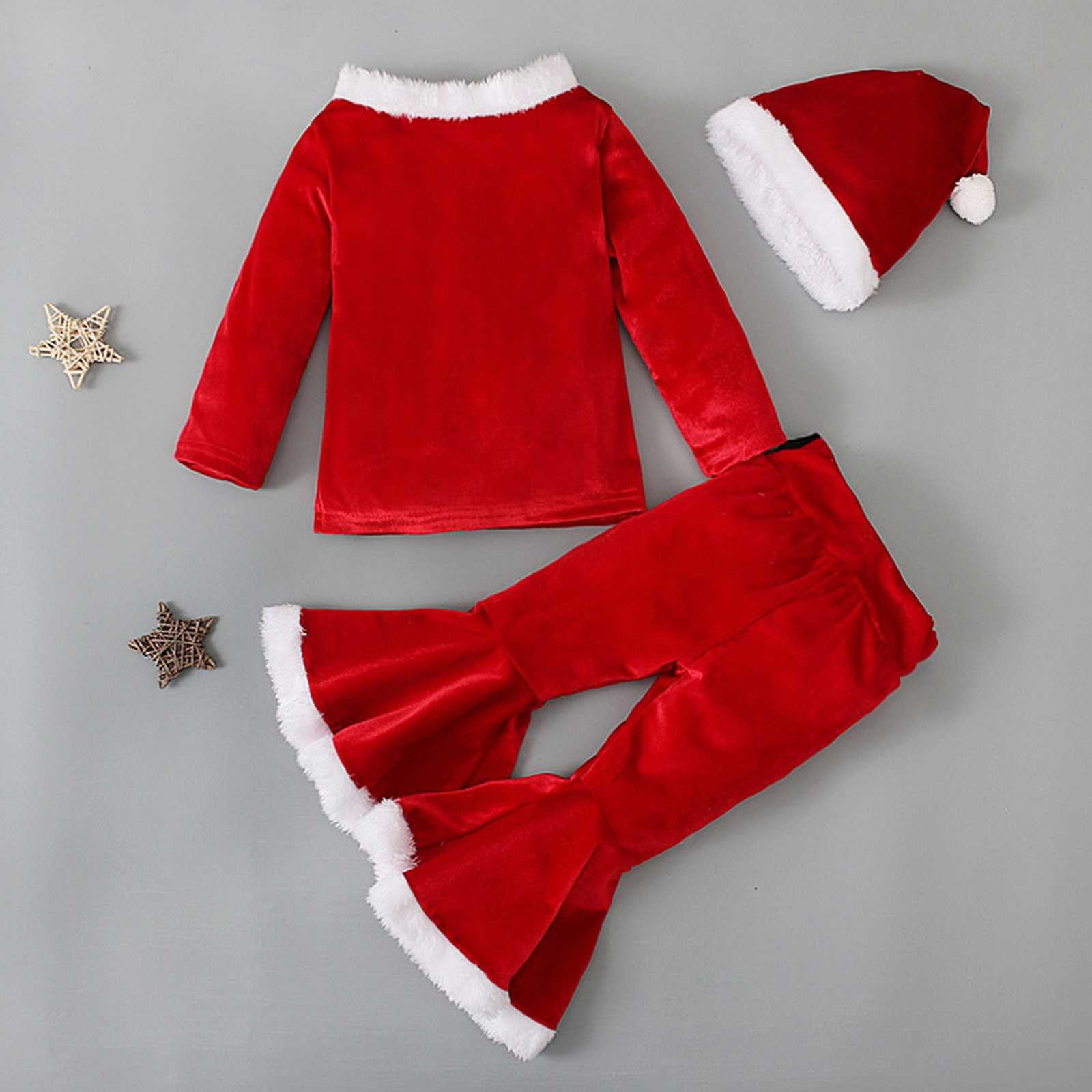 Otqutp Toddler Baby Kids Girls Fall Winter Clothes Christmas Patchwork O Neck Pullover Tops Pants Hat 3PCs Set Toddler Christmas Outfits(Z#Watermelon Red-1,2-3 Years)